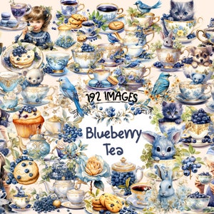Blueberry Tea Watercolor Clipart Bundle - 192 PNG Cute Teacup Images, Fruity Tea Party Graphics, Instant Digital Download, Commercial Use