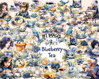 Blueberry Tea Watercolor Clipart: 192 PNG Teacup Graphics (Digital Download)