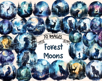 Forest Moons Watercolor Clipart Bundle - 70 PNG Mystical Woodland Images, Enchanted Night Graphics, Instant Digital Download, Commercial Use