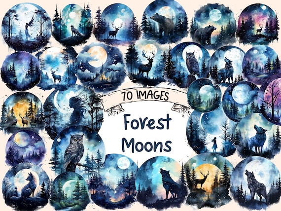 Watercolor Forest Moon Clipart Bundle: 70 Mystical Woodland PNG Images (Commercial Use) (Digital Download)