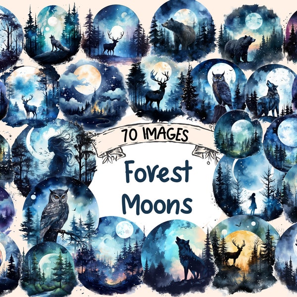 Forest Moons Watercolor Clipart Bundle - 70 PNG Mystical Woodland Images, Enchanted Night Graphics, Instant Digital Download, Commercial Use