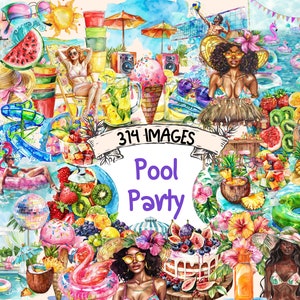 Watercolor Pool Party Clipart Bundle: 314 Summer Graphics (Digital Download)