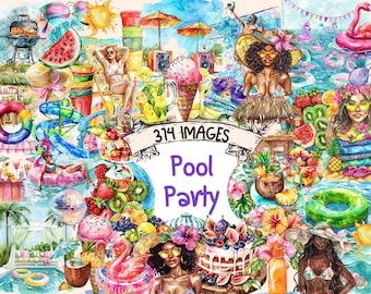 Watercolor Pool Party Clipart Bundle: 314 Summer Graphics (Digital Download)