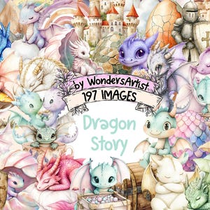 Dragon Story Clipart Watercolor Bundle - 197 PNG Cute Little Dragon Images, Fantasy Fairytale Illustrations, Instant Download,Commercial Use