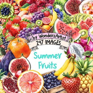 Summer Fruits Watercolor Clipart Bundle - 247 PNG Fruit Images, Seasonal Illustrations, Juicy Summer Decor, Instant Download, Commercial Use