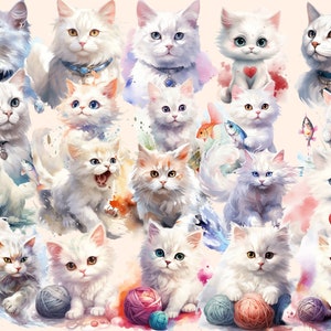 White Cats Watercolor Clipart Bundle 158 PNG White Cat Images, Elegant Feline Graphics, Cute Kitty,Instant Digital Download,Commercial Use image 2