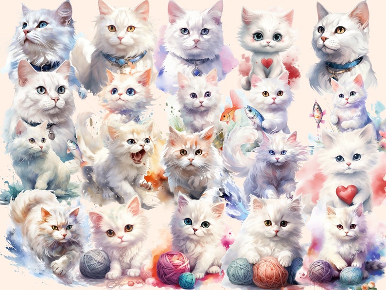 White Cats Watercolor Clipart Bundle 158 PNG White Cat Images, Elegant Feline Graphics, Cute Kitty,Instant Digital Download,Commercial Use image 2
