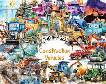 Construction Vehicles Watercolor Clipart Bundle - 450 PNG Machinery Images, Building Graphics, Instant Digital Download, Commercial Use