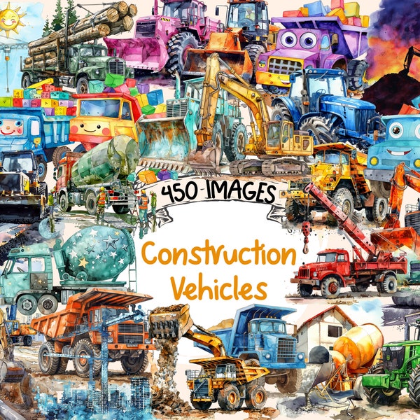 Construction Vehicles Watercolor Clipart Bundle - 450 PNG Machinery Images, Building Graphics, Instant Digital Download, Commercial Use