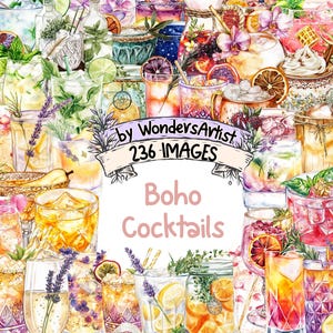 Boho Cocktails Watercolor Clipart - 236 PNG Whimsical Drink Graphics, Bohemian Party Illustrations, Instant Digital Download, Commercial Use