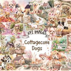 Cottagecore Dogs Watercolor Clipart Bundle  -  692 PNG Rustic Dog Images, Cute Countryside Graphics, Instant Digital Download,Commercial Use