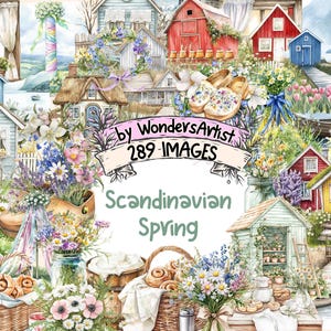 Scandinavian Spring Watercolor Clipart - 289 PNG Nordic Floral Graphics, Folk Art Bloom Printables, Instant Digital Download, Commercial Use