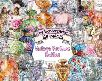 Vintage Perfume Bottles Watercolor Clipart Bundle: 138 PNG Graphics (Digital Download)