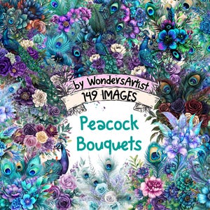 Peacock Bouquets Watercolor Clipart Bundle - 149 PNG Floral Images, Elegant Illustrations, Vibrant Decor, Instant Download, Commercial Use