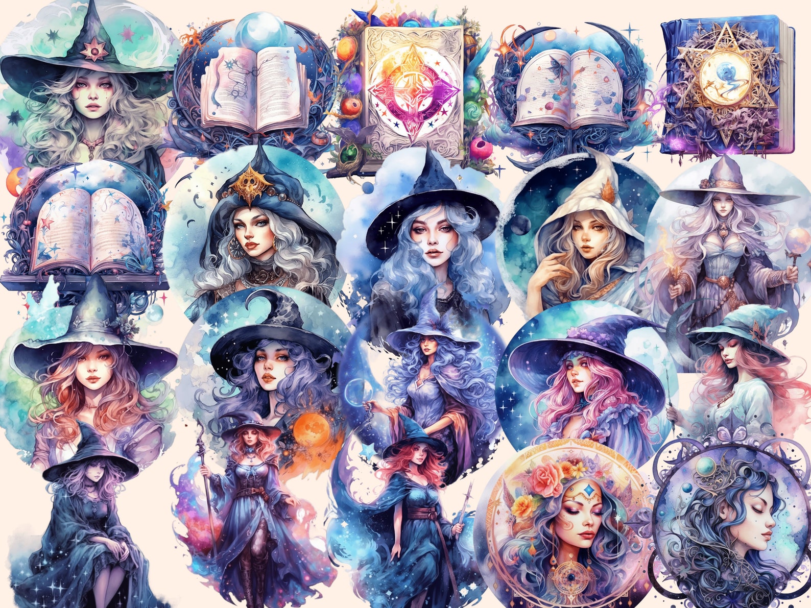 Moon Witches Watercolor Clipart Bundle: 141 PNG Fairytale Images ...