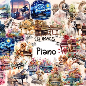 Piano Watercolor Clipart Bundle - 267 PNG Piano Key Melodic Images, Musical Instrument Graphics, Instant Digital Download, Commercial Use
