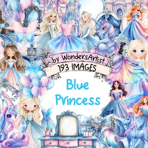 Blue Princess Watercolor Clipart Bundle: 193 Royal Girl Illustrations (Instant Download)