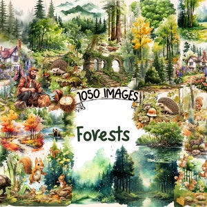 Paquete de imágenes prediseñadas de acuarela de bosques: 1050 imágenes PNG de paisajes boscosos, gráficos de escenas naturales, descarga digital instantánea, uso comercial