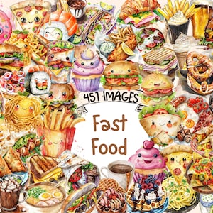 Fast Food Watercolor Clipart Bundle - 451 PNG Tasty Junk Food Images, Quick Serve Meal Graphics, Instant Digital Download, Commercial Use