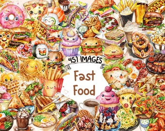 Watercolor Fast Food Clipart Bundle: 451 PNG Images (Digital Download)