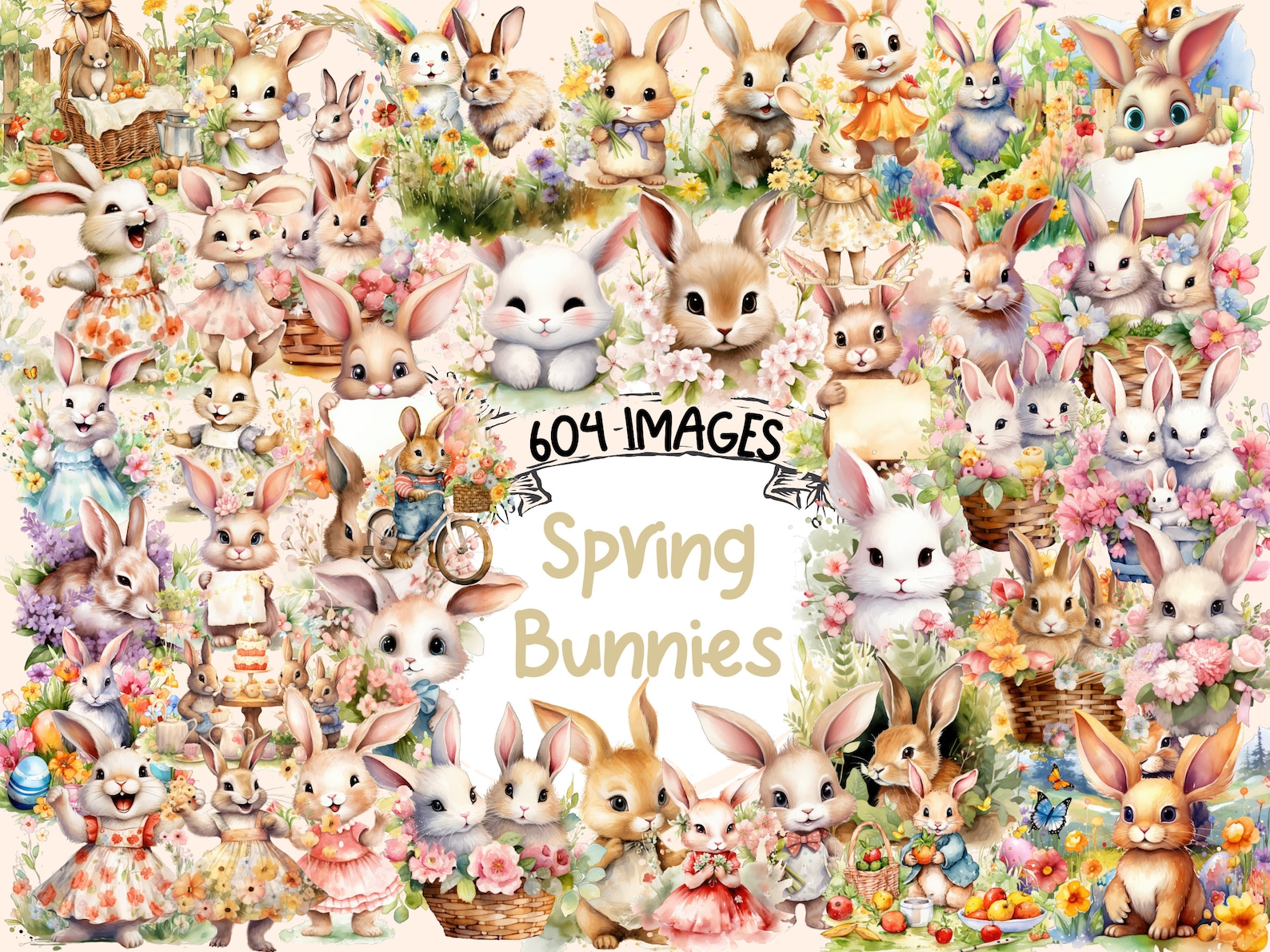 Watercolor Spring Bunnies Clipart Bundle (604 PNG Images) (digital ...