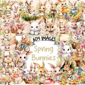 Watercolor Spring Bunnies Clipart Bundle (604 PNG Images) (Digital Download)