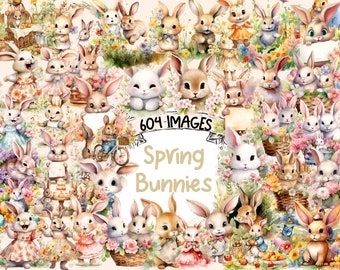 Watercolor Spring Bunnies Clipart Bundle (604 PNG Images) (Digital Download)