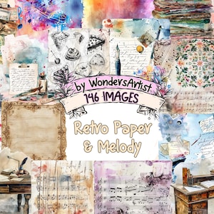 Retro Paper & Melody Watercolor Clipart Bundle - 146 PNG Vintage Sheet Images, Musical Graphics, Instant Digital Download, Commercial Use
