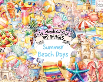 Summer Beach Days Watercolor Clipart: 189 PNG Seaside Illustrations (Commercial Use) (Instant Download)
