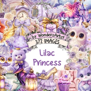 Lilac Princess Watercolor Clipart Bundle - 372 PNG Royal Images, Floral Illustrations, Fairytale Decor, Instant Download, Commercial Use