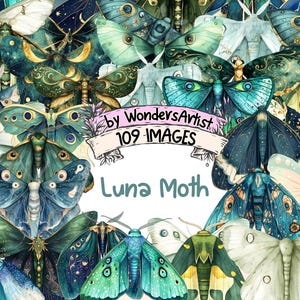 Luna Moth Watercolor Clipart Bundle - 109 PNG Moth Images, Enchanting Night Illustrations, Whimsical Decor, Instant Download, Commercial Use