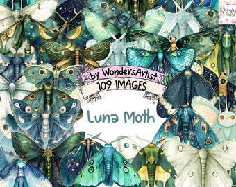 Luna Moth Watercolor Clipart Bundle: 109 PNG Images (Commercial Use)
