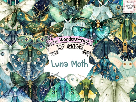 Luna Moth Watercolor Clipart Bundle: 109 PNG Images (Commercial Use)