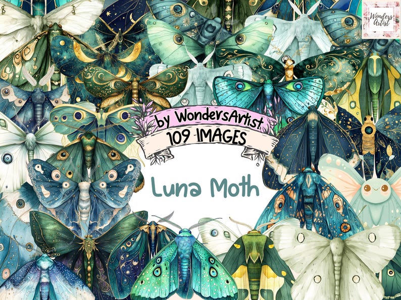 Luna Moth Watercolor Clipart Bundle: 109 PNG Images (Commercial Use) image 1