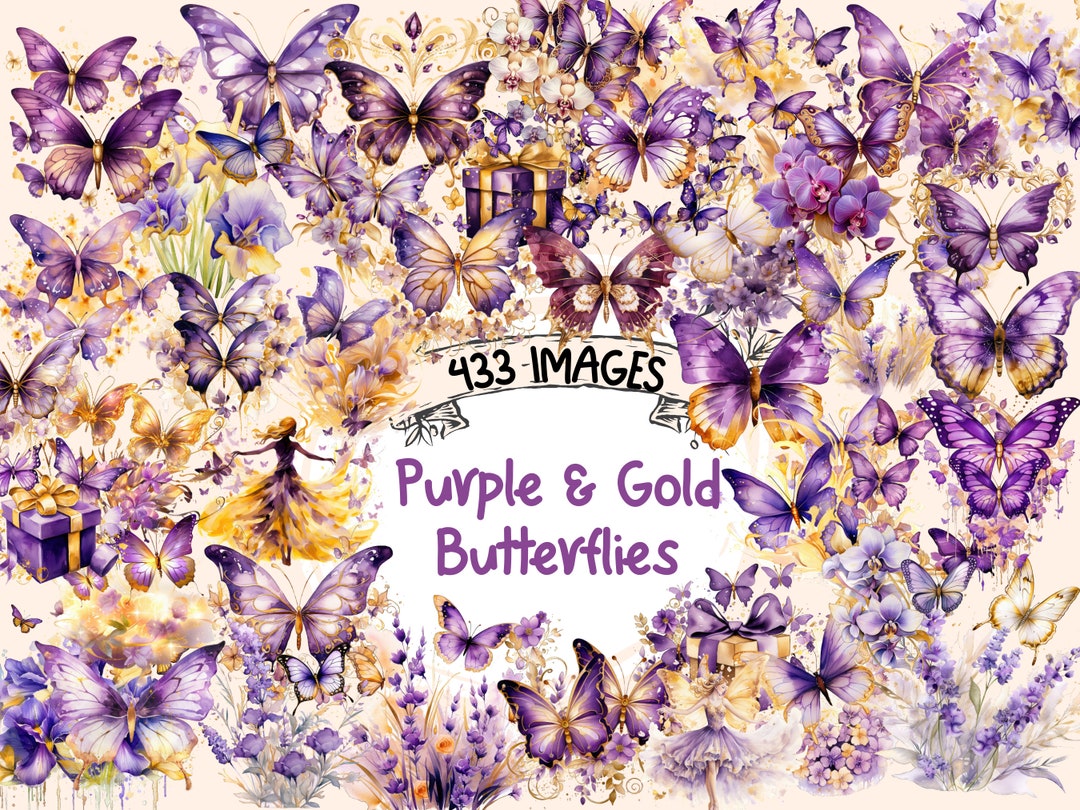 Purple &amp; Gold Butterflies Watercolor Clipart Bundle- 433 PNG Elegant ...