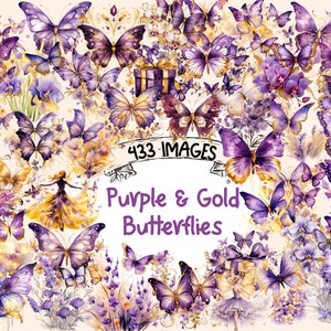 Purple & Gold Butterflies Watercolor Clipart Bundle- 433 PNG Elegant Violet Butterfly Graphics, Instant Digital Download, Commercial Use