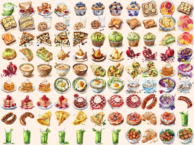 Breakfast Foods Watercolor Clipart Bundle 434 PNG Morning Meal Images