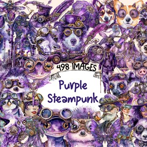 Purple Steampunk Watercolor Clipart Bundle - 498 PNG Violet-Hued Steampunk Images, Retro Graphics, Instant Digital Download, Commercial Use
