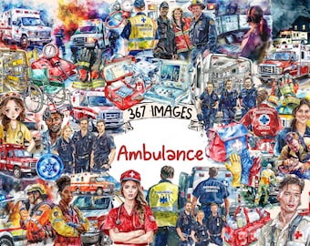 Watercolor Ambulance Clipart Bundle: 367 PNG Emergency Vehicle Images (Digital Download)