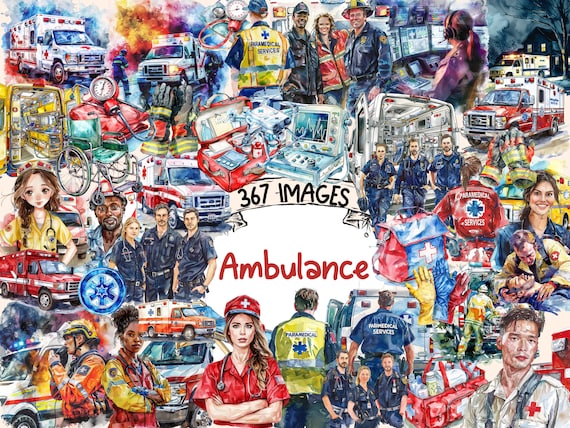 Watercolor Ambulance Clipart Bundle: 367 PNG Emergency Vehicle Images (Digital Download)