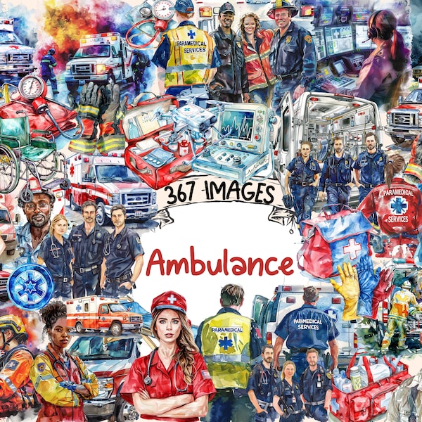 Ambulance Watercolor Clipart Bundle - 367 PNG Emergency Vehicle Images, Medical Transport Graphics, Instant Digital Download, Commercial Use