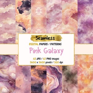 Pink Galaxy Seamless Digital Paper - Cosmic Pastel Textures, Starry Backgrounds, Printable Scrapbook Paper, Instant Download, Commercial Use