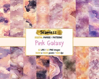 May include: A set of 62 digital papers featuring seamless patterns of pink, purple, and orange clouds with a galaxy background. The papers are 3600 x 3600 pixels and 300 dpi.