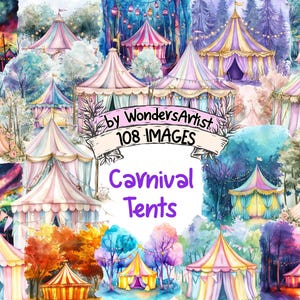 Carnival Tents Watercolor Clipart Bundle - 108 PNG Tent Images, Festival Illustrations, Vintage Decor, Instant Download, Commercial Use