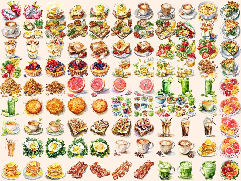 Breakfast Foods Watercolor Clipart Bundle 434 PNG Morning Meal Images