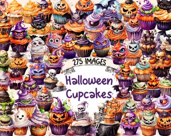 Halloween Cupcakes Watercolor Clipart: 275 Spooky Dessert PNG Images (Commercial Use)