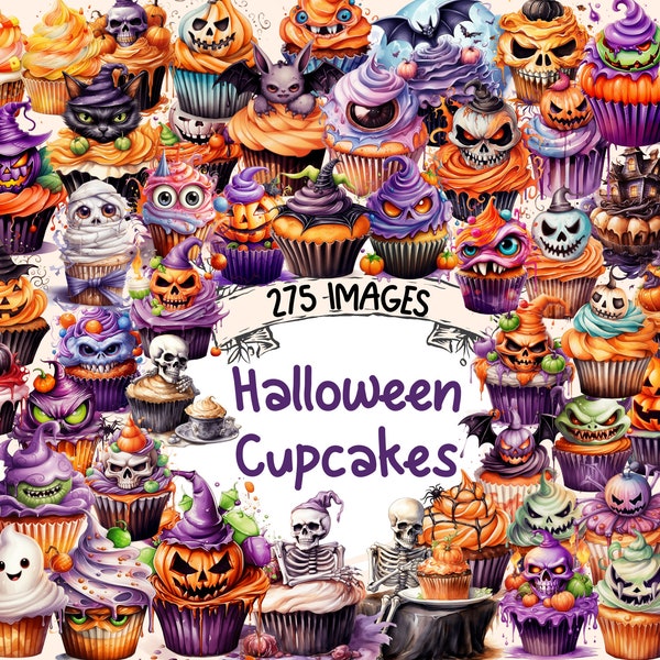 Halloween Cupcakes Aquarell Clipart Bundle - 275 PNG gruselige Dessert Bilder, gruselige Leckereien Grafiken, sofortiger digitaler Download, kommerzielle Nutzung