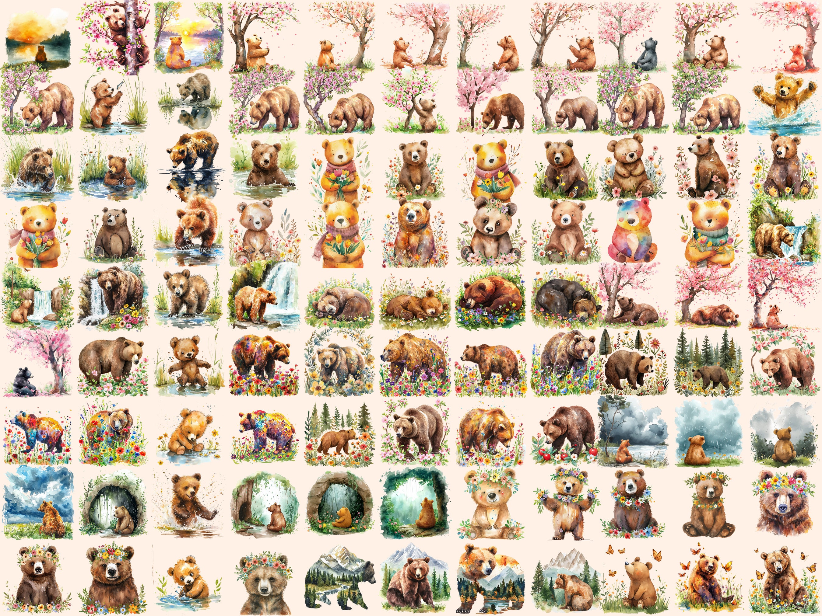 Spring Bears Background Spring Bears Watercolor Clipart: 339 PNG Images (digital Download) - Etsy