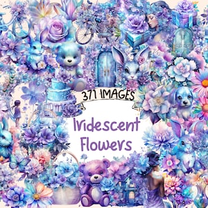 Iridescent Flowers Watercolor Clipart Bundle - 371 PNG Floral Images, Shimmering Blossom Graphics, Instant Digital Download, Commercial Use