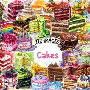 Cakes Watercolor Clipart Bundle - 272 PNG Assorted Cake Images, Sweet Tasty Dessert Graphics, Instant Digital Download, Commercial Use